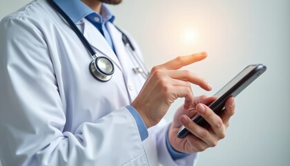 Doctor uses smartphone, touches virtual interface with finger in medical futuristic interface. Digital healthcare tech, telemedicine app, ai diagnostics, innovative patient care. Modern healthcare
