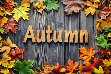 Vibrant red and orange leaves surround the word Autumn carved into a wooden sign. The rustic background complements the bright colors, capturing the essence of fall. 