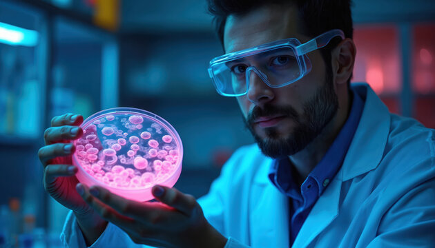 Scientist in lab coat, safety glasses holds petri dish with glowing cells. Laboratory experiment, biotechnology, medical research, microbiology concept, healthcare. Science, medicine, healthcare tech - Powered by Adobe