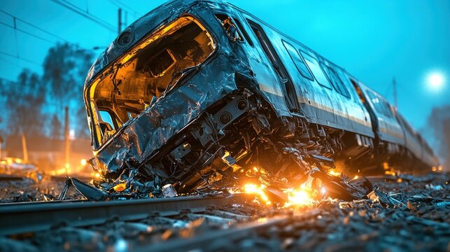 Damaged train wreck at night (1)