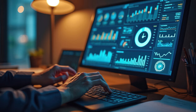 Analyst works with business analytics data management system. Generates reports with KPIs metrics linked database. Strategizing corporate finance operations sales marketing. Data analysis, modeling