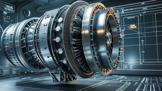 Detailed Jet Engine Model with Metal Components Displayed in High-Tech Digital Blueprint Interface on Engineering Background

