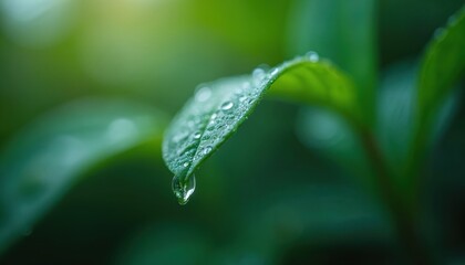 Close-up of water droplet hanging from green leaf. Fresh, clean water drop detail. Dew drops on plant leaf at morning after rain in garden. Nature background.