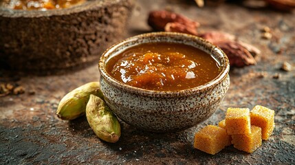 Tamarind sauce served in a small ceramic bowl with fresh tamarind pods and jaggery cubes placed beside it on a rustic surface.