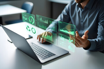 Businessman analyzing green sustainable ESG data on holographic laptop interface.