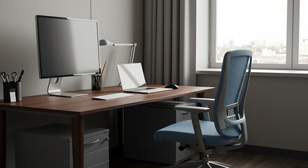A modern and organized home office workspace with a computer, laptop, and ergonomic chair by a window. A concept for remote work and productivity.
