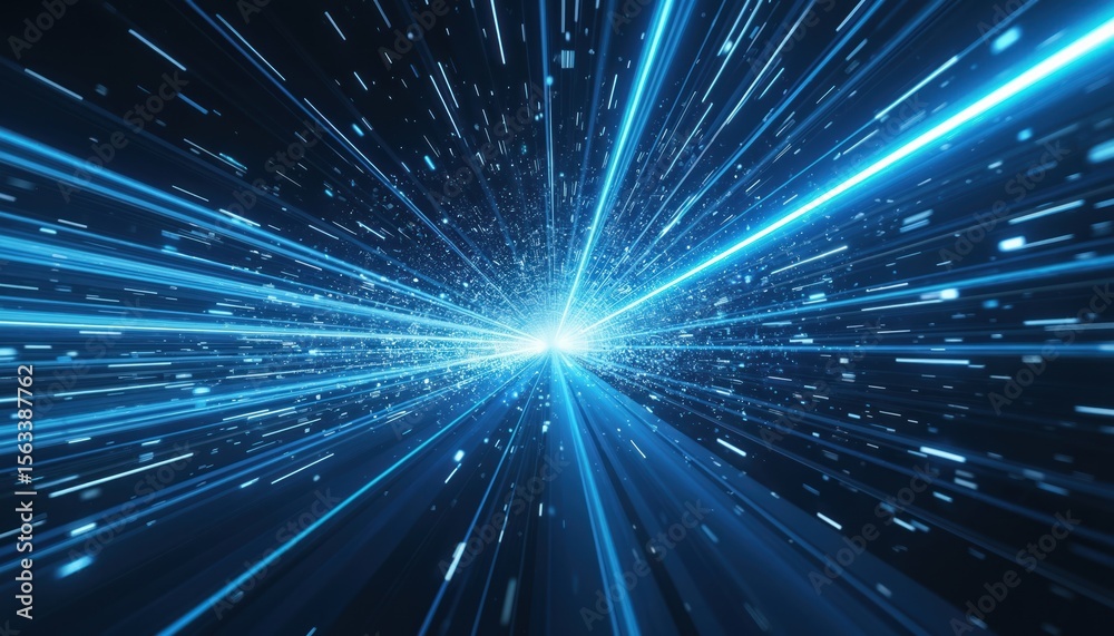 Aufkleber Dynamic illustration light speed tunnel effect. Blue, white streaks on dark background with glowing particles. Ideal for tech sci-fi projects. Representing speed motion blur energy digital abstract.