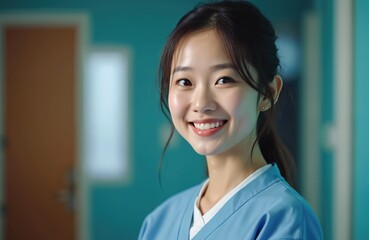 Fototapeta premium Smiling chinese nurse looking at camera in hospital. Happy asian woman doctor in uniform, healthcare professional. Concept of medical service, medicine, healthcare, wellbeing.