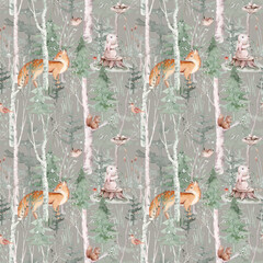 Watercolor Woodland animals seamless pattern. Fabric wallpaper forest with baby deer. Owl, fox and butterfly, Bunny rabbit set of forest, bear and bird baby animal Nursery