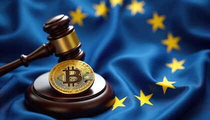Gavel Bitcoin on European flag. Legal framework, blockchain regulation concept, finance, law, international trade, governance in EU. Digital cryptocurrency, crypto, asset, market, stock exchange.