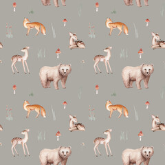 Watercolor Woodland animals seamless pattern. Fabric wallpaper forest with baby deer. Owl, fox and butterfly, Bunny rabbit set of forest, bear and bird baby animal Nursery