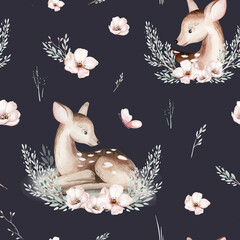 Watercolor Woodland animals seamless pattern. Fabric wallpaper forest with baby deer trees. bird baby animal Nursery backgrouns