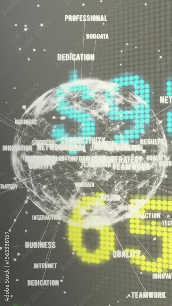 Poster animation of globe and network of connections with icons and financial data processing