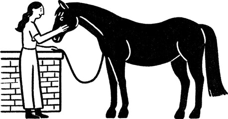 Woman caring for horse in stable - gentle interaction scene