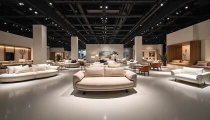 Modern sofas displayed luxury furniture expo. Showroom with various models. Comfortable seating, elegant decor. Interior design, home, apartment, couch, living room. Stylish minimalist design.
