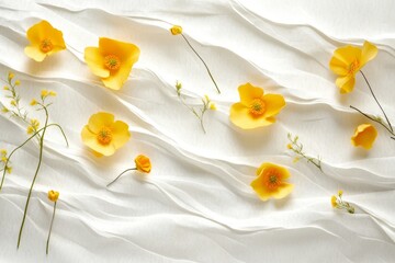 Vibrant yellow flowers beautifully arranged on a textured white paper background for artistic appeal