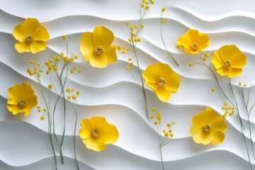Beautiful yellow flowers arranged on white textured paper with gentle waves for a soft aesthetic