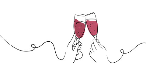 Continuous line champagne cheers one line art, continuous drawing contour. Cheers toast festive decoration for holidays. Vector illustration	