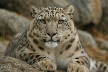Majestic snow leopard resting gracefully.