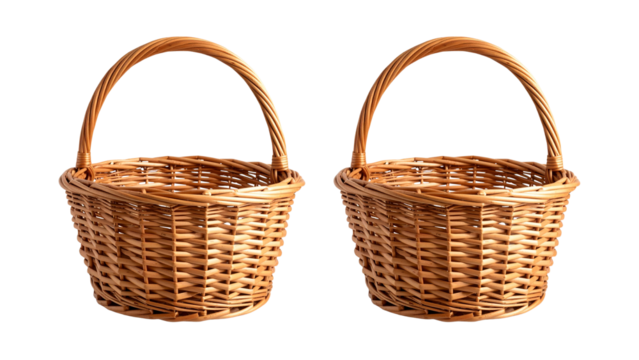 Woven wicker basket with arched handle, isolated on transparent background, ready for easter eggs, picnic supplies, or other items