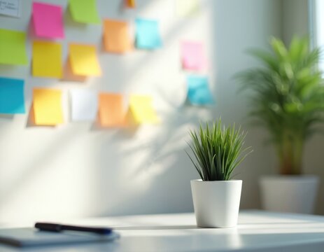 Small potted plant on desk. Sticky notes wall create bright organized workspace atmosphere. Pen on notebook. Green plants, natural light create study, creative ambience. Office, home decor.