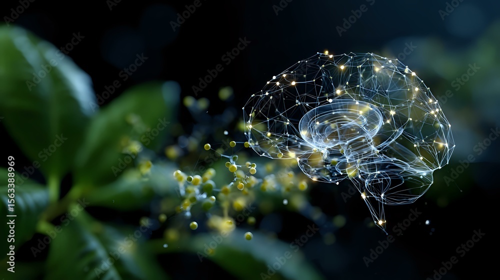 Poster glowing digital brain network with connecting dots and lines floating over natural green background,