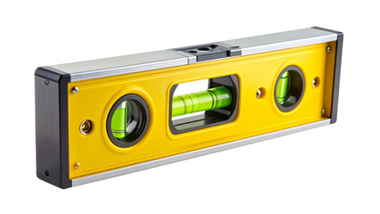Horizontal yellow spirit level with bubble centered, indicating a perfect balance, isolated on transparent background, ideal for construction and diy projects