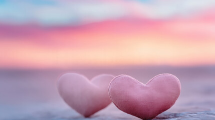 Fototapeta premium Romantic couple of two pink hearts symbolize love and romance. Sweet valentine background with beautiful pastel sky