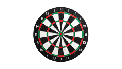 Classic dartboard with red center bullseye hanging on a transparent background, perfect for game or competition concepts