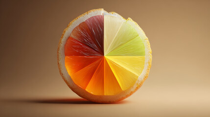 Vibrant citrus fruit sliced into a mesmerizing array of colorful segments, creating an artistic display.