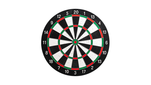 Classic dartboard with red center bullseye hanging on a transparent background, perfect for game or competition concepts