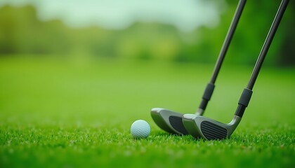 Golf Ball and Clubs on Green Grass Ready for Game