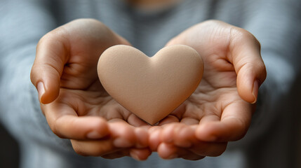 Fototapeta premium Heart in Hands tender moment captured as gentle hands cradle a pristine heart, symbolizing love, care, and affection in a simple yet profound gesture.