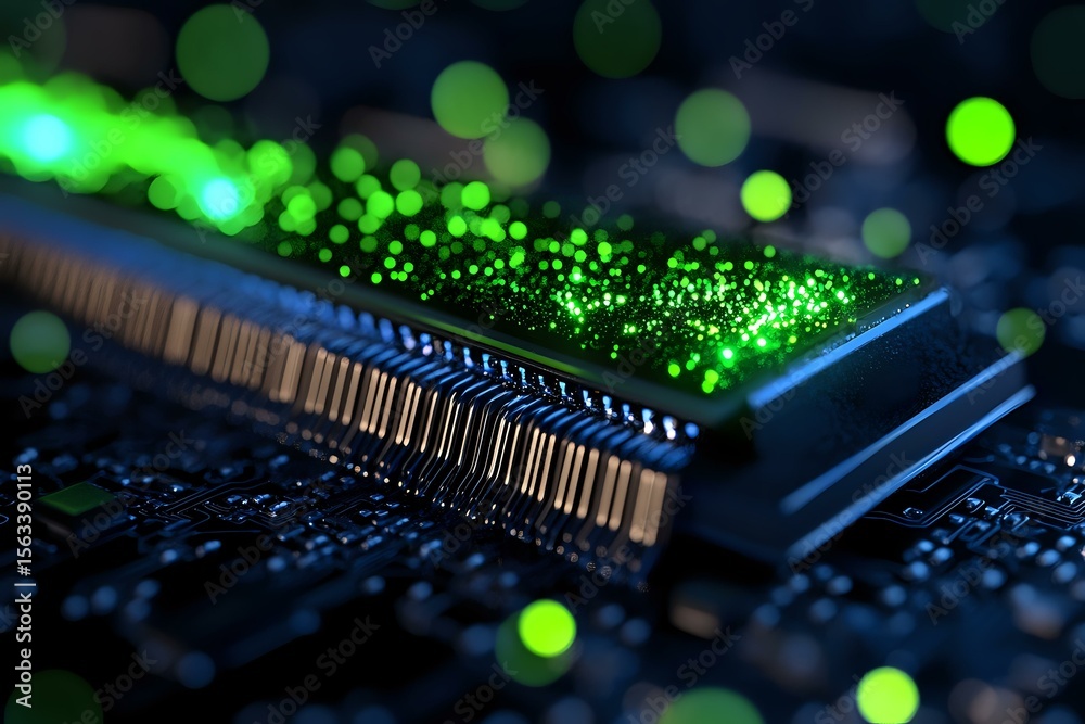 Poster computer memory module with glowing green bokeh lights on dark background, close-up view of ram stic