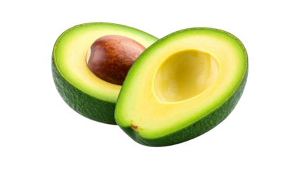 Ripe avocado cut in half with seed, isolated on transparent background, ideal for healthy food and lifestyle projects