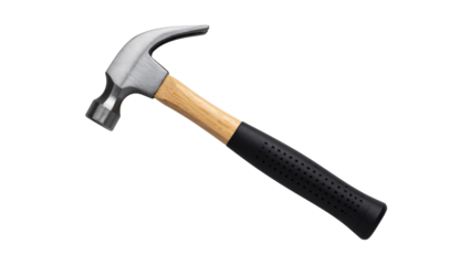 Studio shot of a claw hammer with wooden handle and black rubber grip, isolated on transparent background