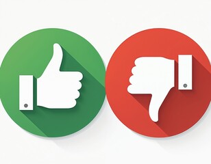 Illustration thumbs up thumbs down signs, symbols. Like dislike voting icons on green, red circles. Positive negative feedback, choice, agree disagree, approve reject concepts.