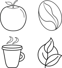 Hot Drink and Fruit Line Art Tea Cup Apple and Leaves in Minimalist Style