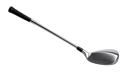 Golf club iron with black grip lying isolated on transparent background, ideal for sport and leisure related designs