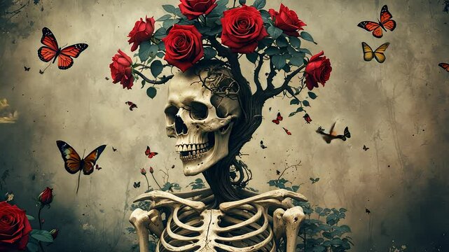 Human Skeleton with Blooming Red Roses and Tree Branches Growing from Skull Surrounded by Flying Butterflies on Textured Wall

