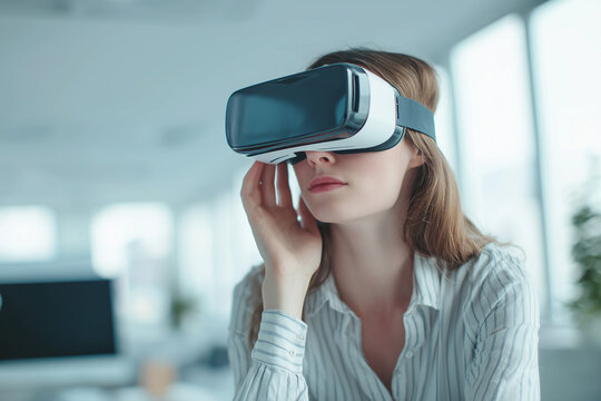 Portrait of woman with future virtual reality glasses, Selective focus modern world glasses.
