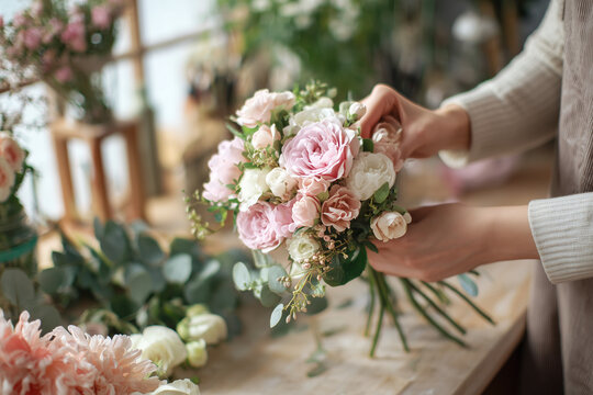 Selective focus bouquet of flower in wedding ceremony, Bunch of flower in florist shop.