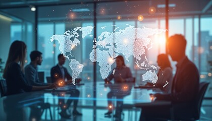 Multinational business team in office, global network concept. People collaboration, modern tech, digital transformation, ai integration, Ict, data processing, business growth, worldwide connection.
