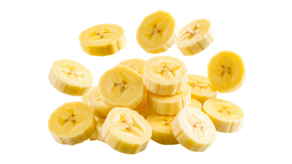 Banana slices falling against a transparent background, creating a dynamic and appetizing image