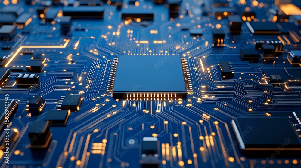 Poster microprocessor on blue circuit board with glowing connections and electronic components. close-up vi