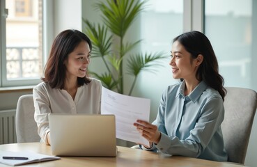 Two young Asian businesswomen collaborate on project in modern office. Woman show document to colleague. Smiling faces, work on laptop. Teamwork, business meeting, corporate lifestyle.