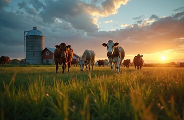 Cows grazing in grassy field during sunset. Cattle herd, peaceful landscape, farm animals, rural scene. Golden hour, agriculture, food production, meat, milk. Scenic sky with clouds, horizon,