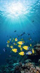 Colorful tropical fish swim symmetrically through sunlit deep ocean blues.