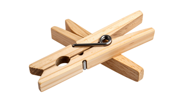 Classic wooden clothespin isolated on transparent background, ready for holding laundry or other items