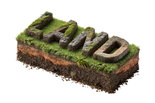 Land word formed from stone nestled in grass and soil isolated on a transparent background